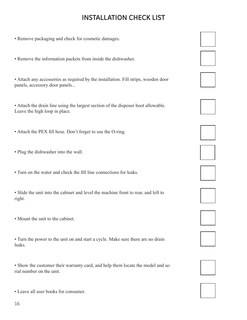 Installation check list | GE ZBD9900RII User Manual | Page 16 / 32