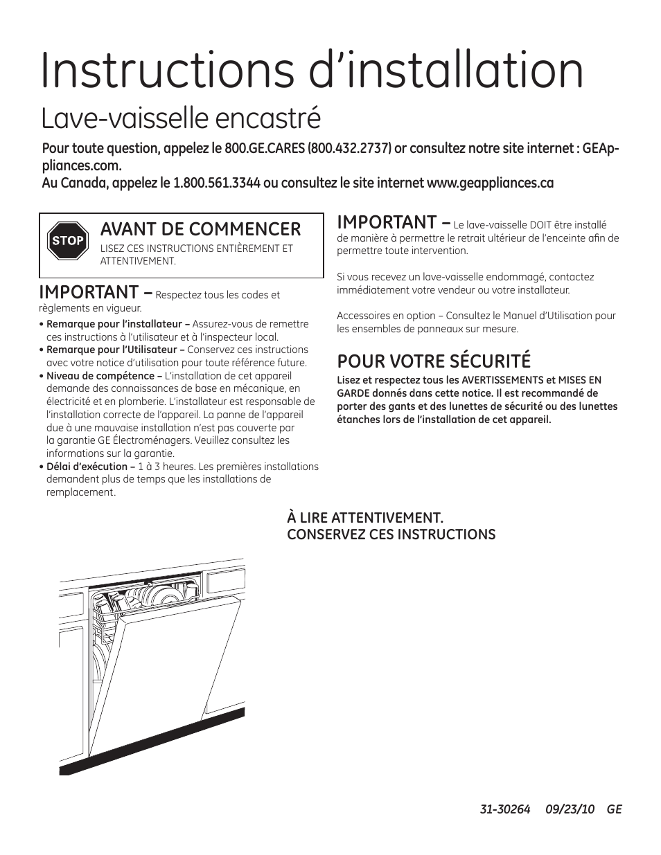 30264_fr, Instructions d’installation, Lave-vaisselle encastré | Stop sign avant de commencer, Important, Pour votre sécurité | GE ZBD9900RII User Manual | Page 17 / 32