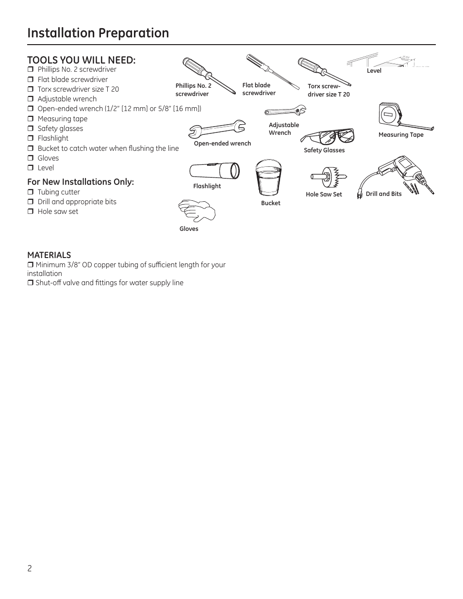 Installation preparation, Tools you will need, For new installations only | Materials | GE ZBD9900RII User Manual | Page 2 / 32