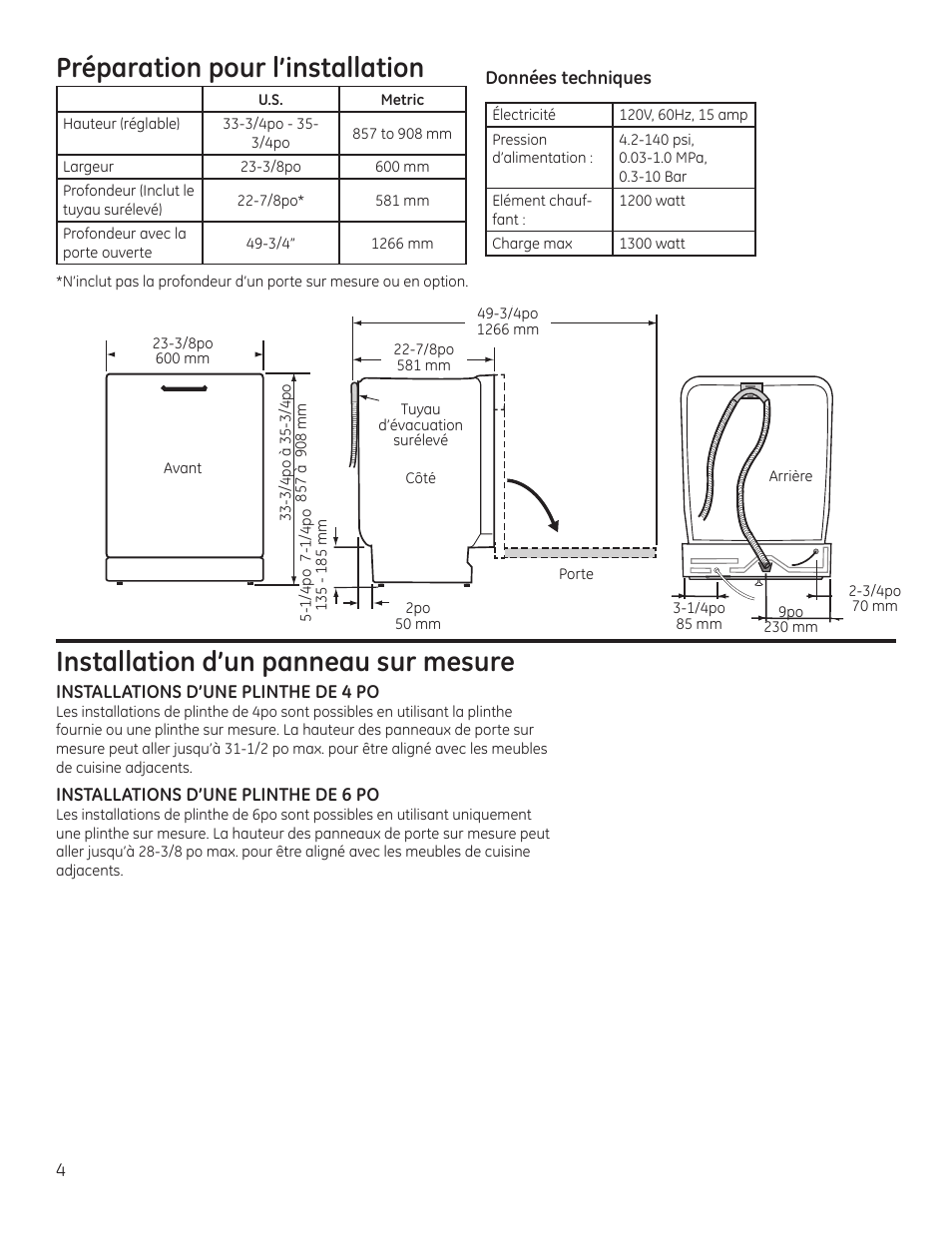 Préparation pour l’installation, Installation d’un panneau sur mesure | GE ZBD9900RII User Manual | Page 20 / 32
