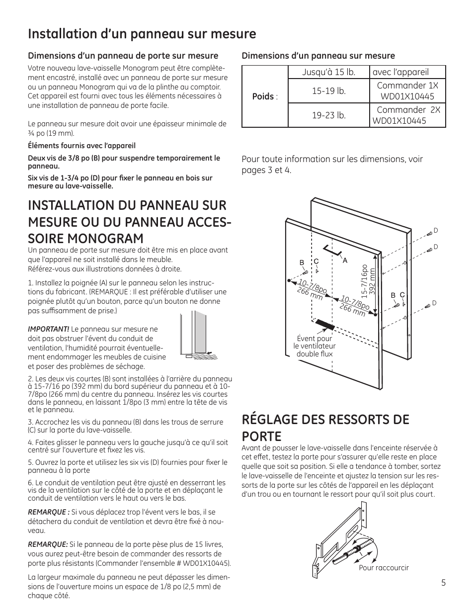 Installation d’un panneau sur mesure, Réglage des ressorts de porte | GE ZBD9900RII User Manual | Page 21 / 32