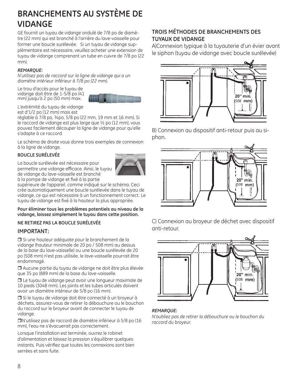 Branchements au système de vidange | GE ZBD9900RII User Manual | Page 24 / 32