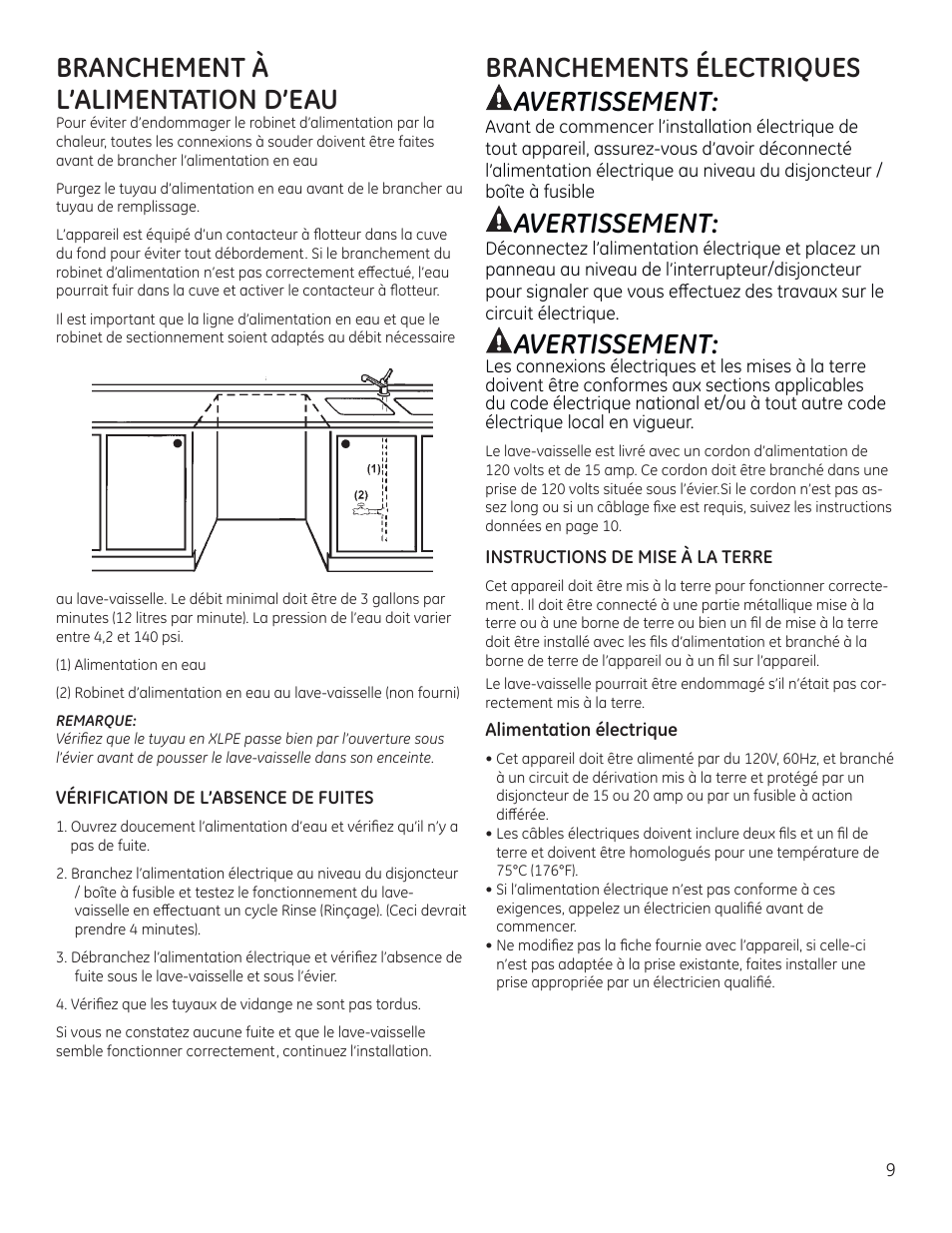 Branchements électriques avertissement, Avertissement, Branchement à l’alimentation d’eau | GE ZBD9900RII User Manual | Page 25 / 32