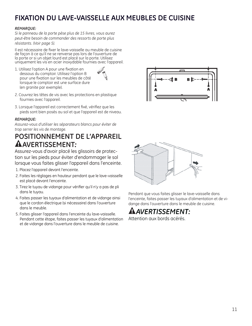 Fixation du lave-vaisselle aux meubles de cuisine, Positionnement de l’appareil avertissement, Avertissement | GE ZBD9900RII User Manual | Page 27 / 32