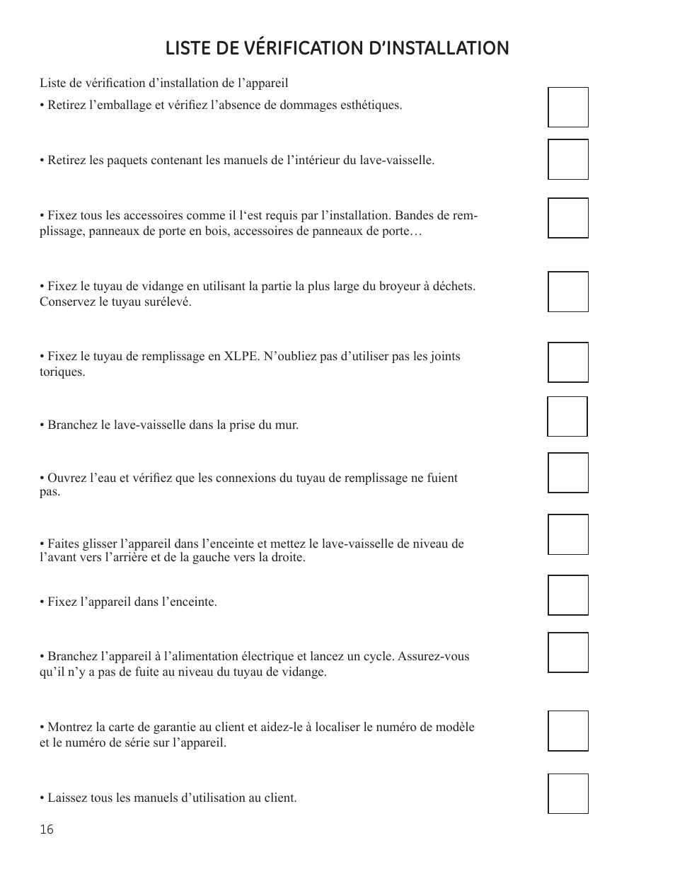 Liste de vérification d’installation | GE ZBD9900RII User Manual | Page 32 / 32