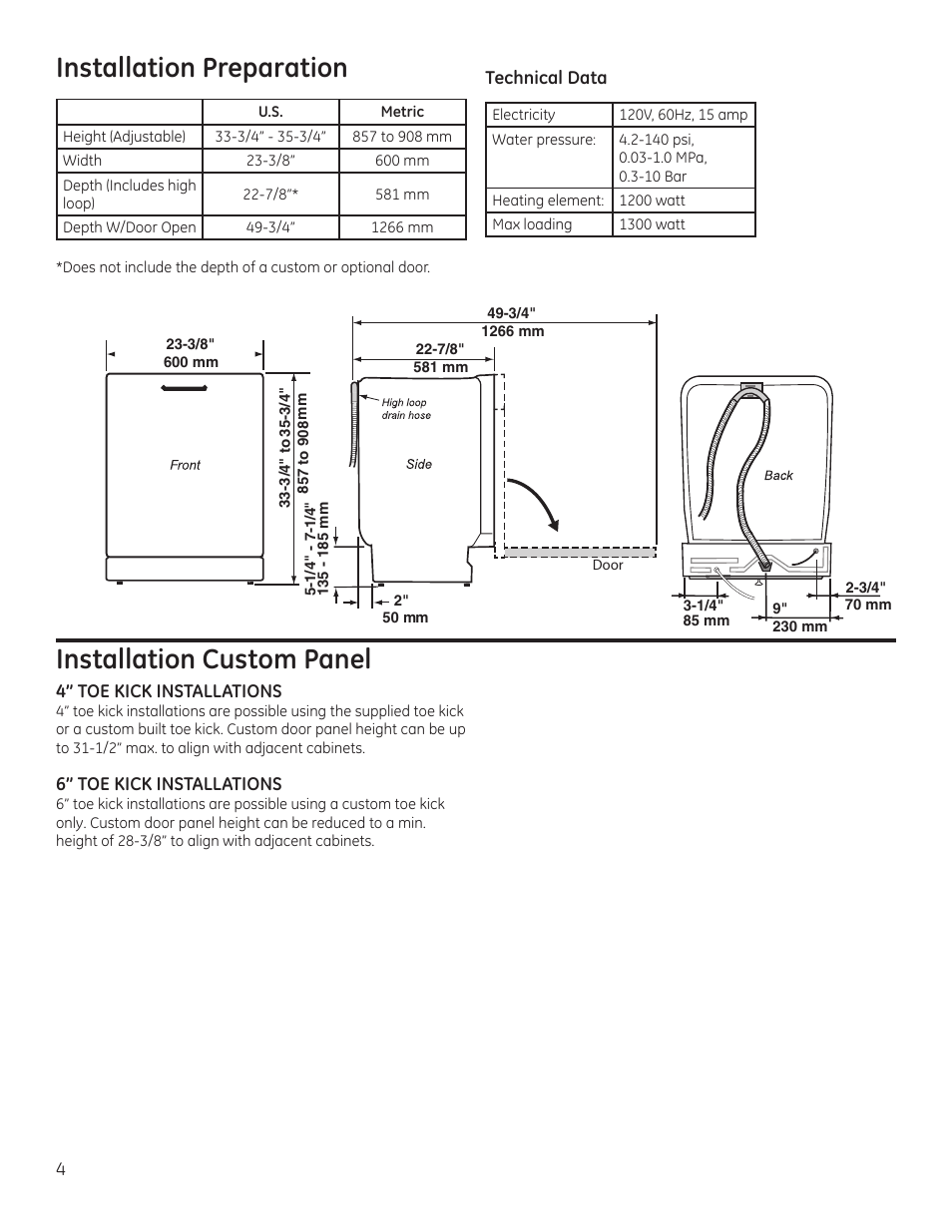 Installation preparation, Installation custom panel | GE ZBD9900RII User Manual | Page 4 / 32