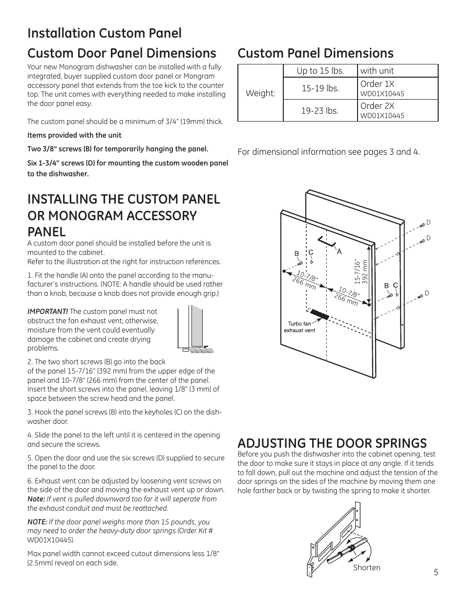 Custom panel dimensions, Adjusting the door springs | GE ZBD9900RII User Manual | Page 5 / 32
