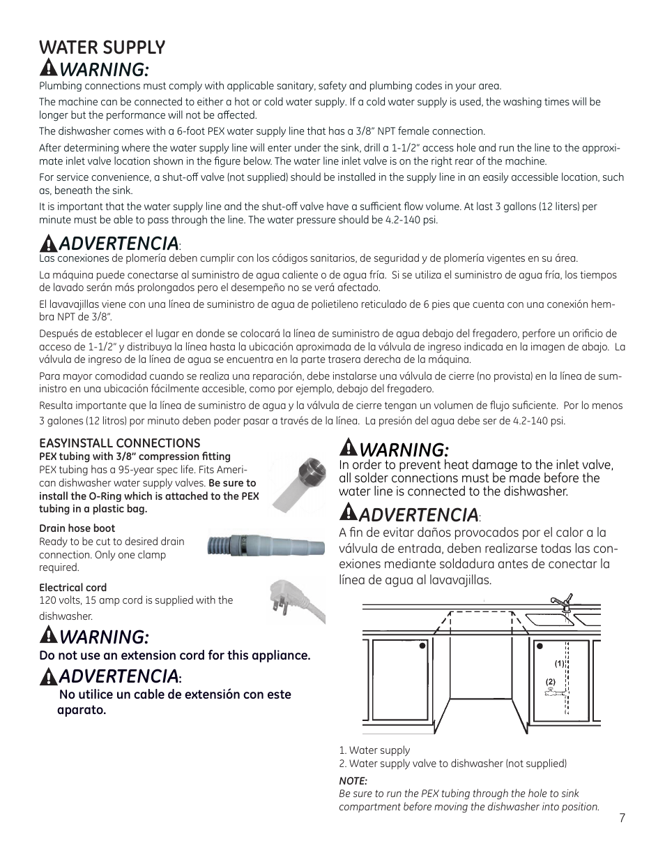 Water supply warning, Advertencia, Warning | GE ZBD9900RII User Manual | Page 7 / 32