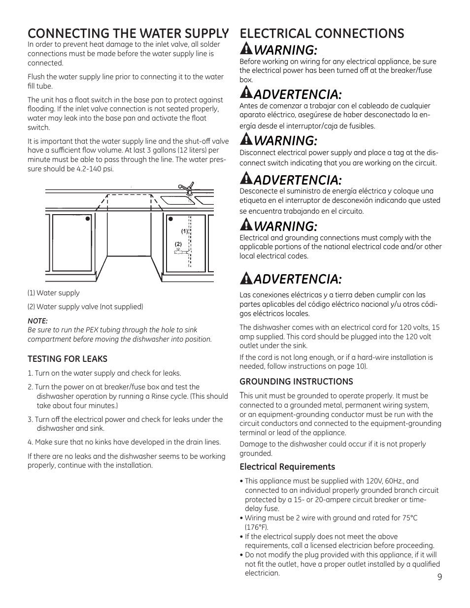 Electrical connections warning, Advertencia, Warning | Connecting the water supply | GE ZBD9900RII User Manual | Page 9 / 32