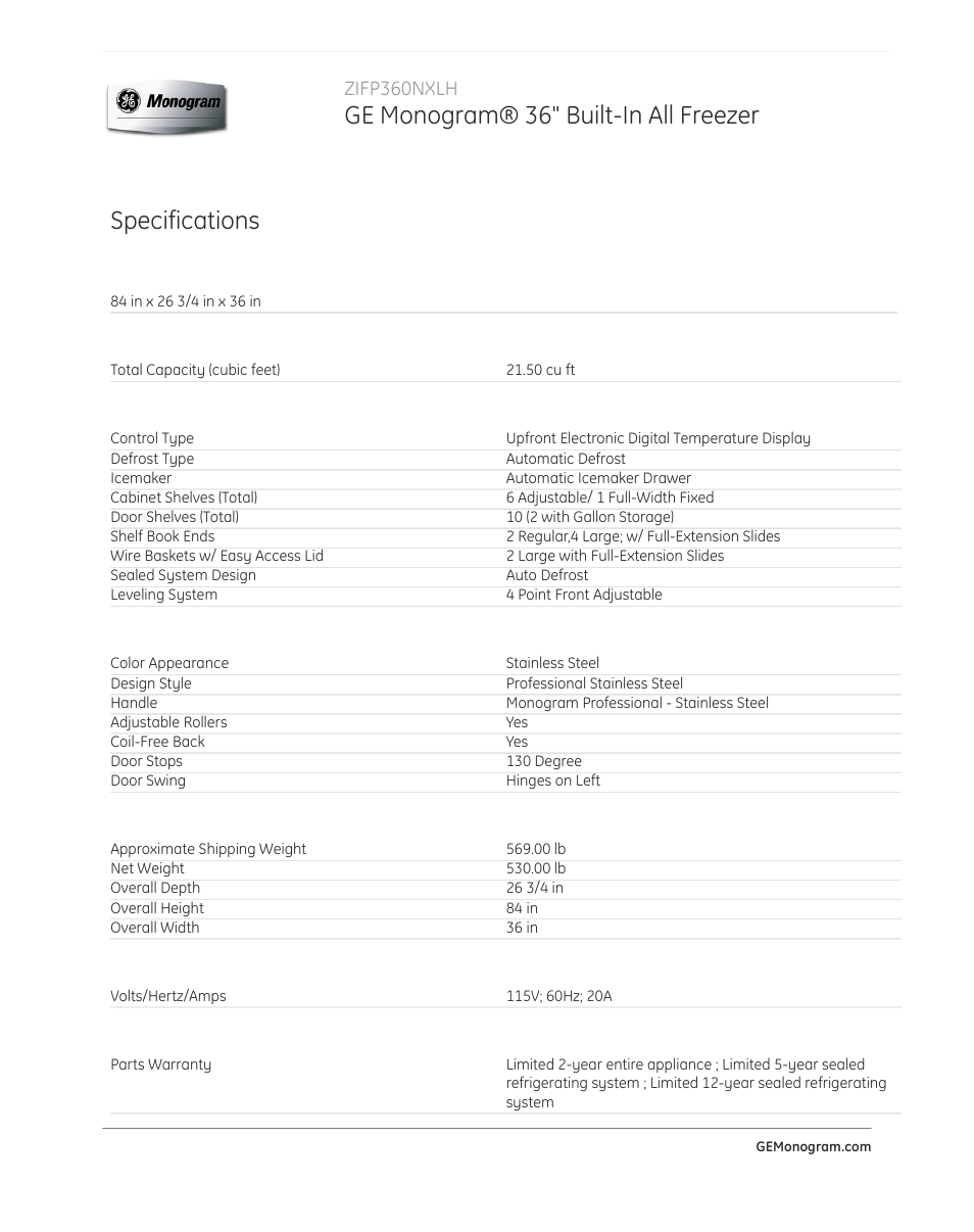 Ge monogram® 36" built-in all freezer, Specifications, Zifp360nxlh | GE ZIFP360NXLH User Manual | Page 2 / 3
