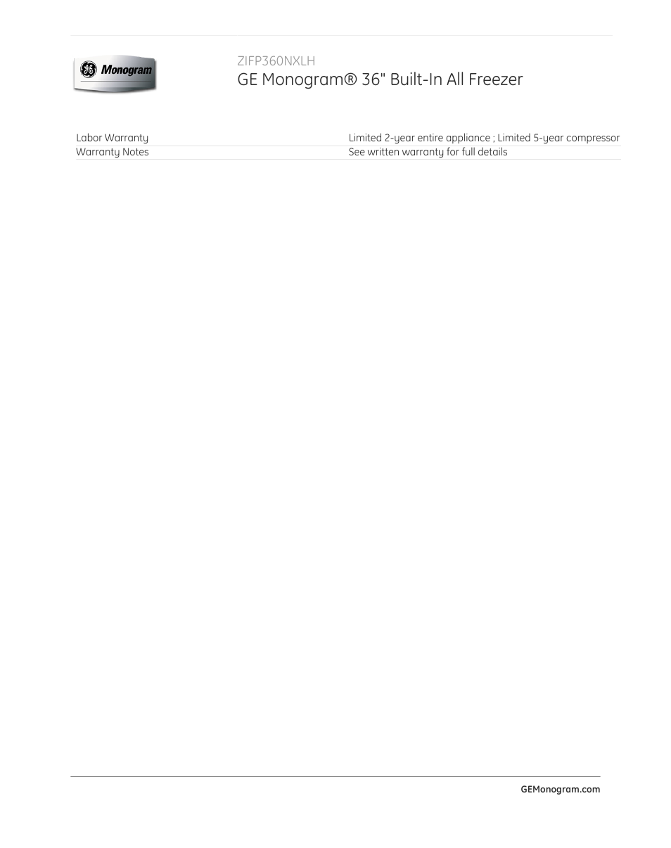 Ge monogram® 36" built-in all freezer | GE ZIFP360NXLH User Manual | Page 3 / 3