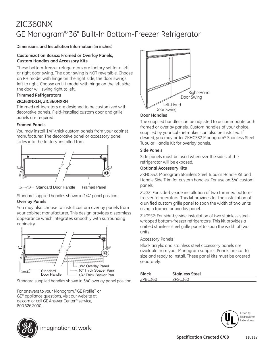 Zic360nx, Ge monogram, 36" built-in bottom-freezer refrigerator | 696dia9 | GE ZIC360NXRH User Manual | Page 2 / 6