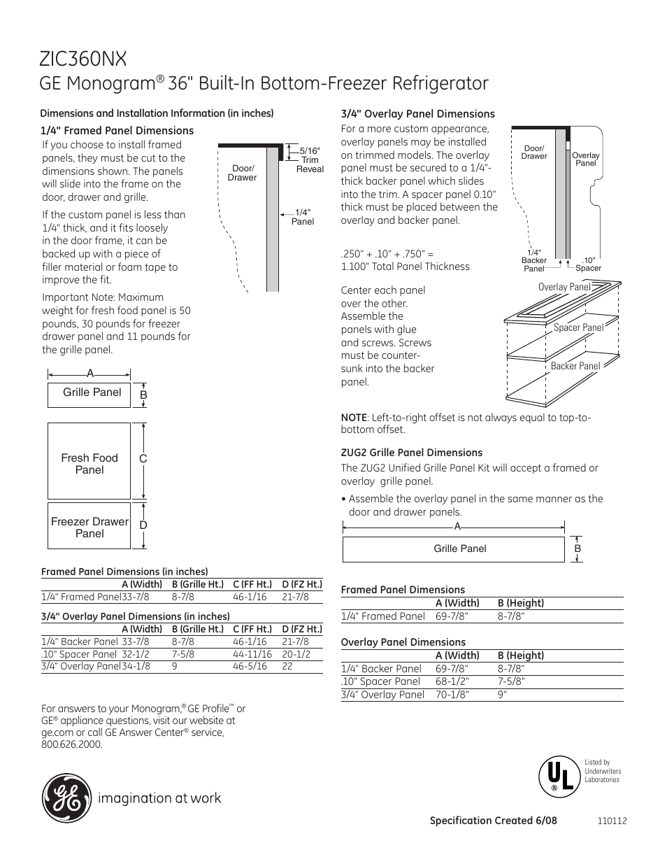 Zic360nx, Ge monogram, 36" built-in bottom-freezer refrigerator | GE ZIC360NXRH User Manual | Page 3 / 6