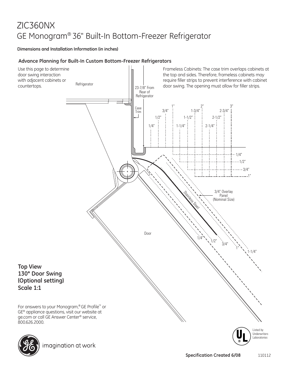 Zic360nx, Ge monogram, 36" built-in bottom-freezer refrigerator | GE ZIC360NXRH User Manual | Page 4 / 6