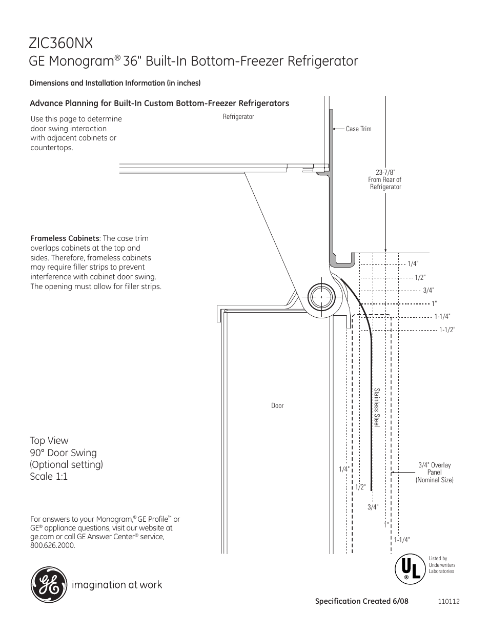 Zic360nx, Ge monogram, 36" built-in bottom-freezer refrigerator | GE ZIC360NXRH User Manual | Page 5 / 6