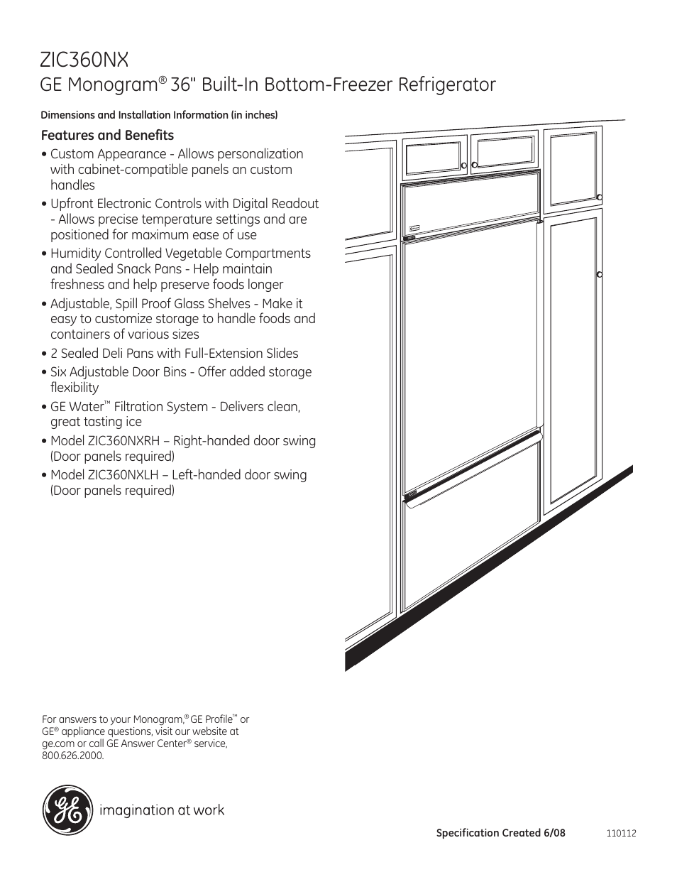 Zic360nrlh.eps, Zic360nx, Ge monogram | 36" built-in bottom-freezer refrigerator | GE ZIC360NXRH User Manual | Page 6 / 6