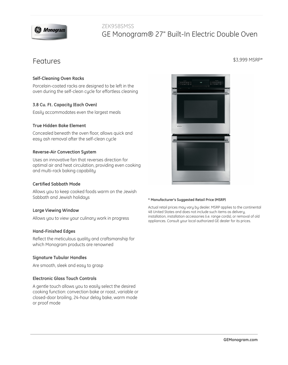 GE ZEK958SMSS User Manual | 3 pages