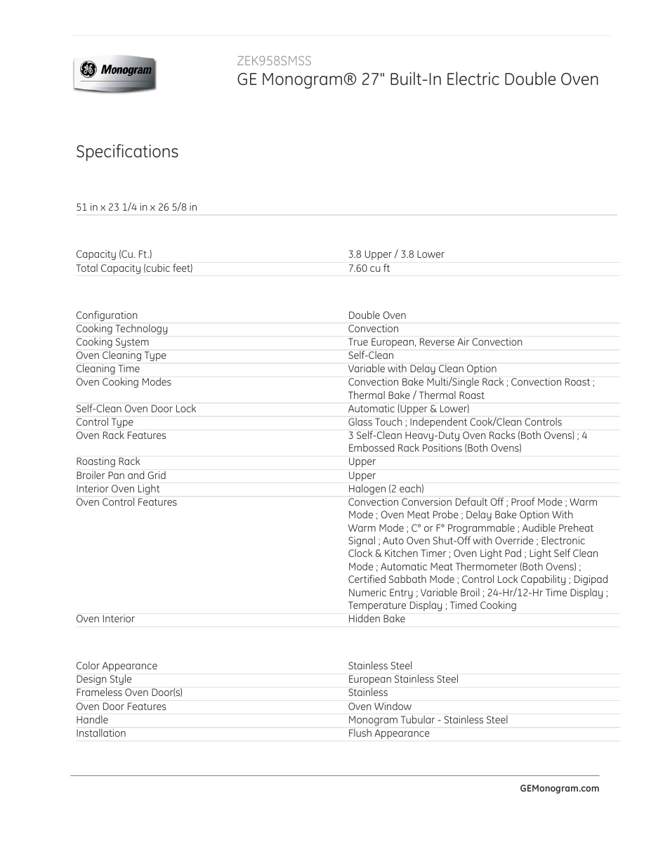 Ge monogram® 27" built-in electric double oven, Specifications, Zek958smss | GE ZEK958SMSS User Manual | Page 2 / 3