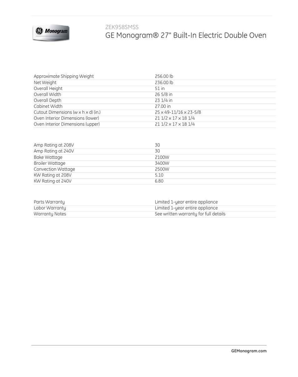 Ge monogram® 27" built-in electric double oven, Zek958smss | GE ZEK958SMSS User Manual | Page 3 / 3