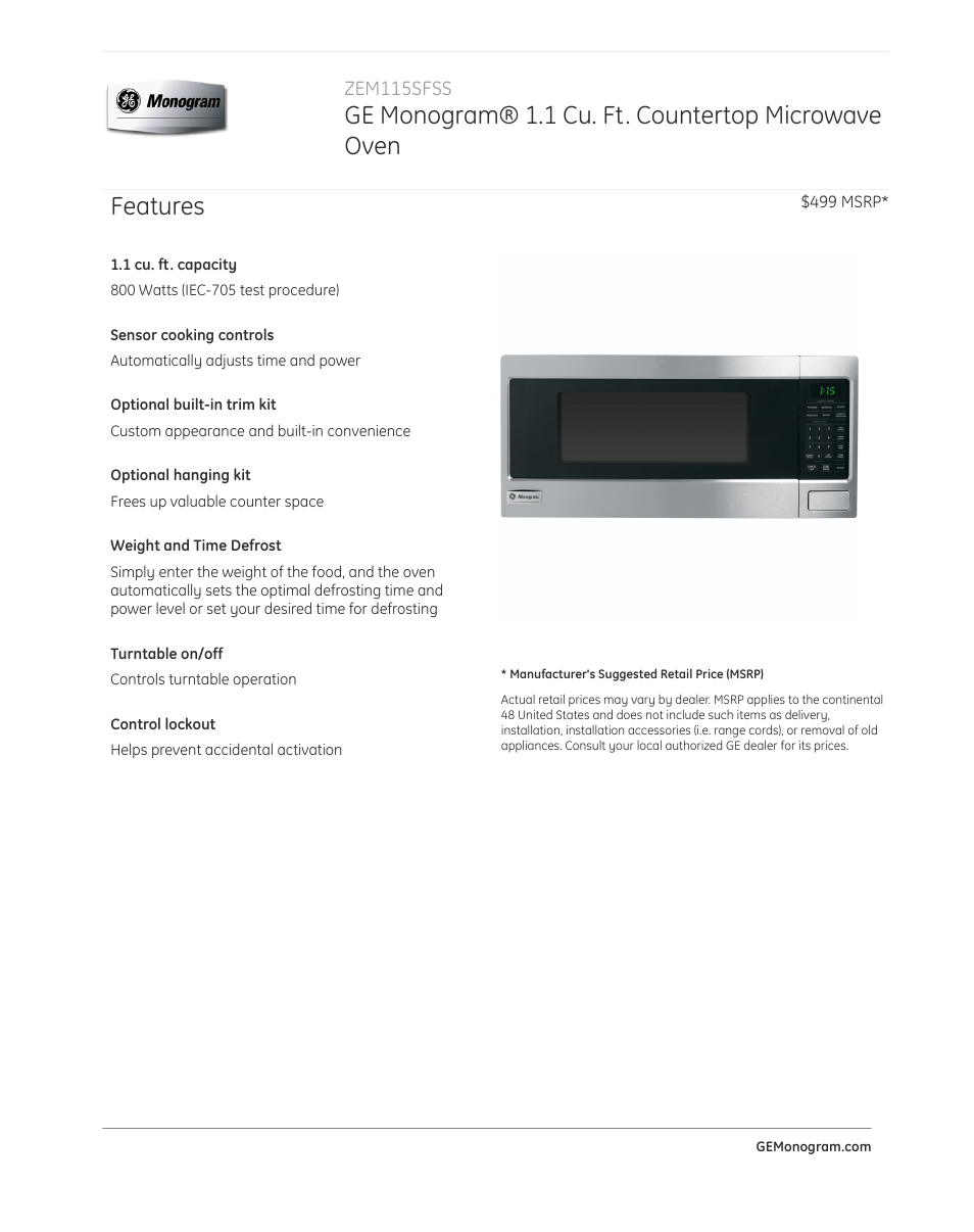 GE ZEM115SFSS User Manual | 3 pages