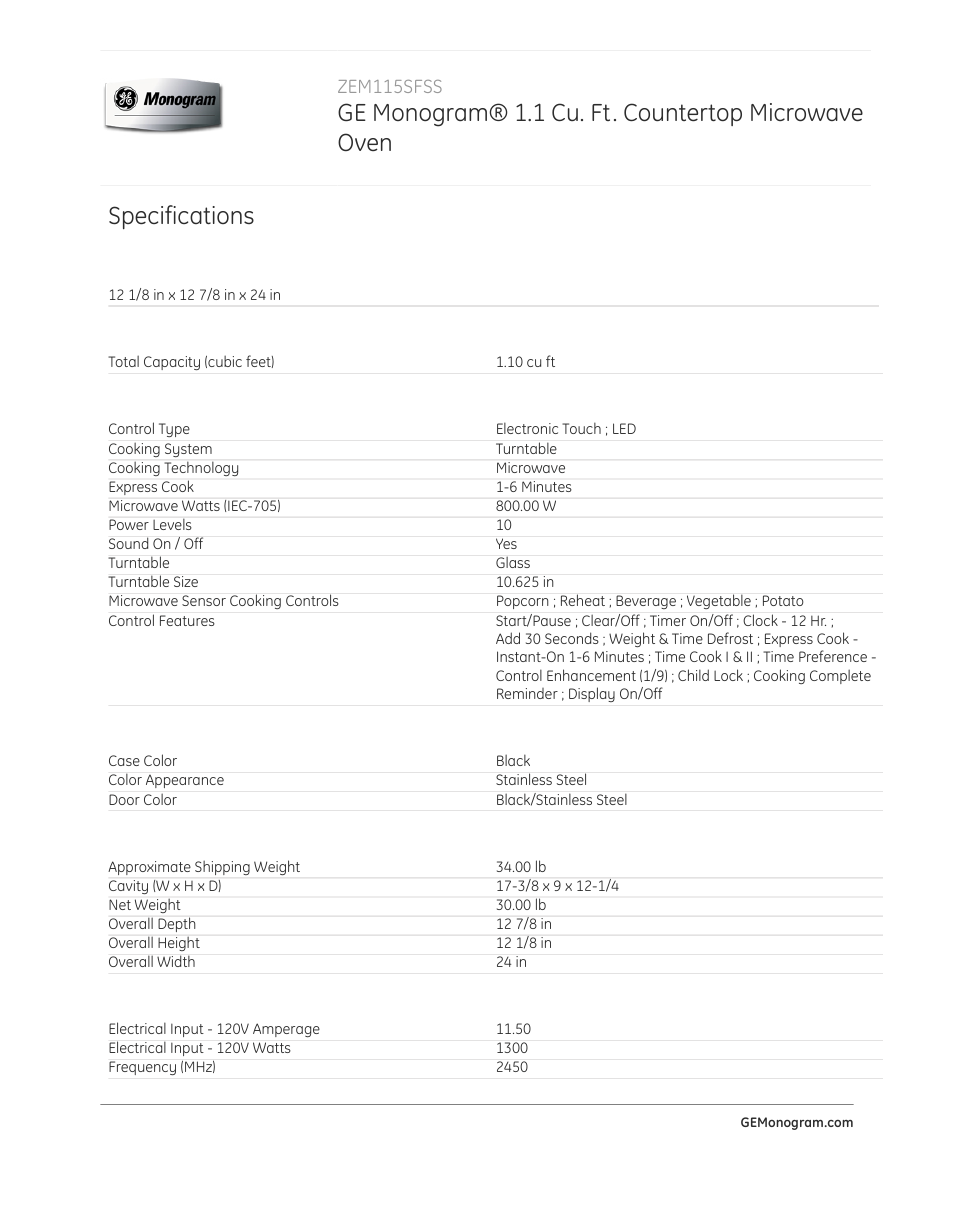 Specifications | GE ZEM115SFSS User Manual | Page 2 / 3