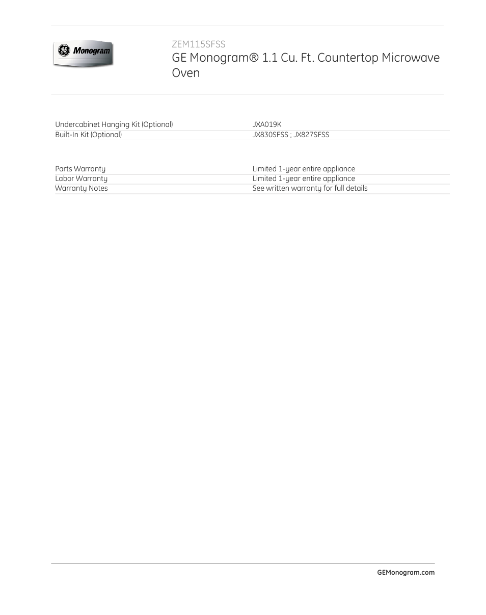 Ge monogram® 1.1 cu. ft. countertop microwave oven | GE ZEM115SFSS User Manual | Page 3 / 3