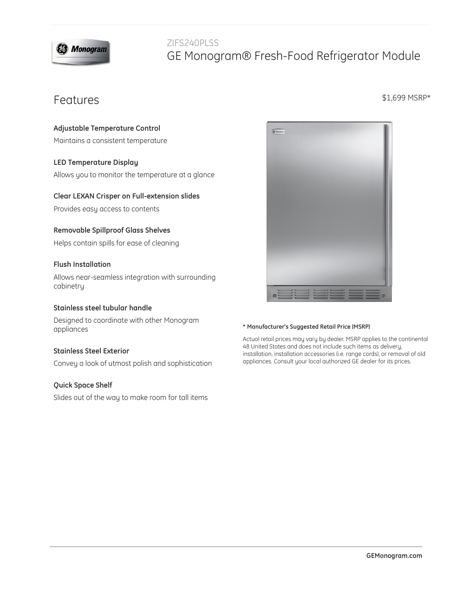 GE ZIFS240PLSS User Manual | 3 pages