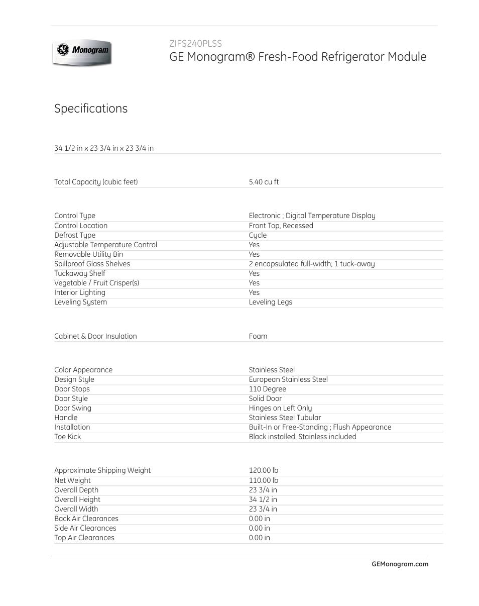 Ge monogram® fresh-food refrigerator module, Specifications, Zifs240plss | GE ZIFS240PLSS User Manual | Page 2 / 3