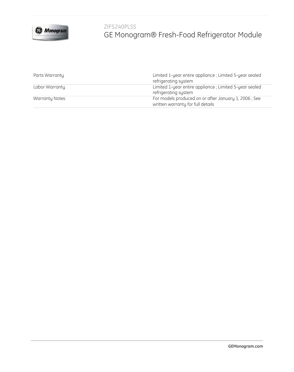 Ge monogram® fresh-food refrigerator module | GE ZIFS240PLSS User Manual | Page 3 / 3