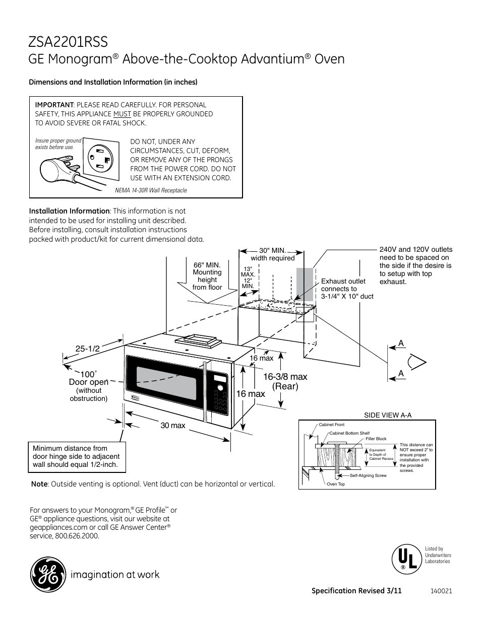 GE ZSA2201RSS User Manual | 3 pages