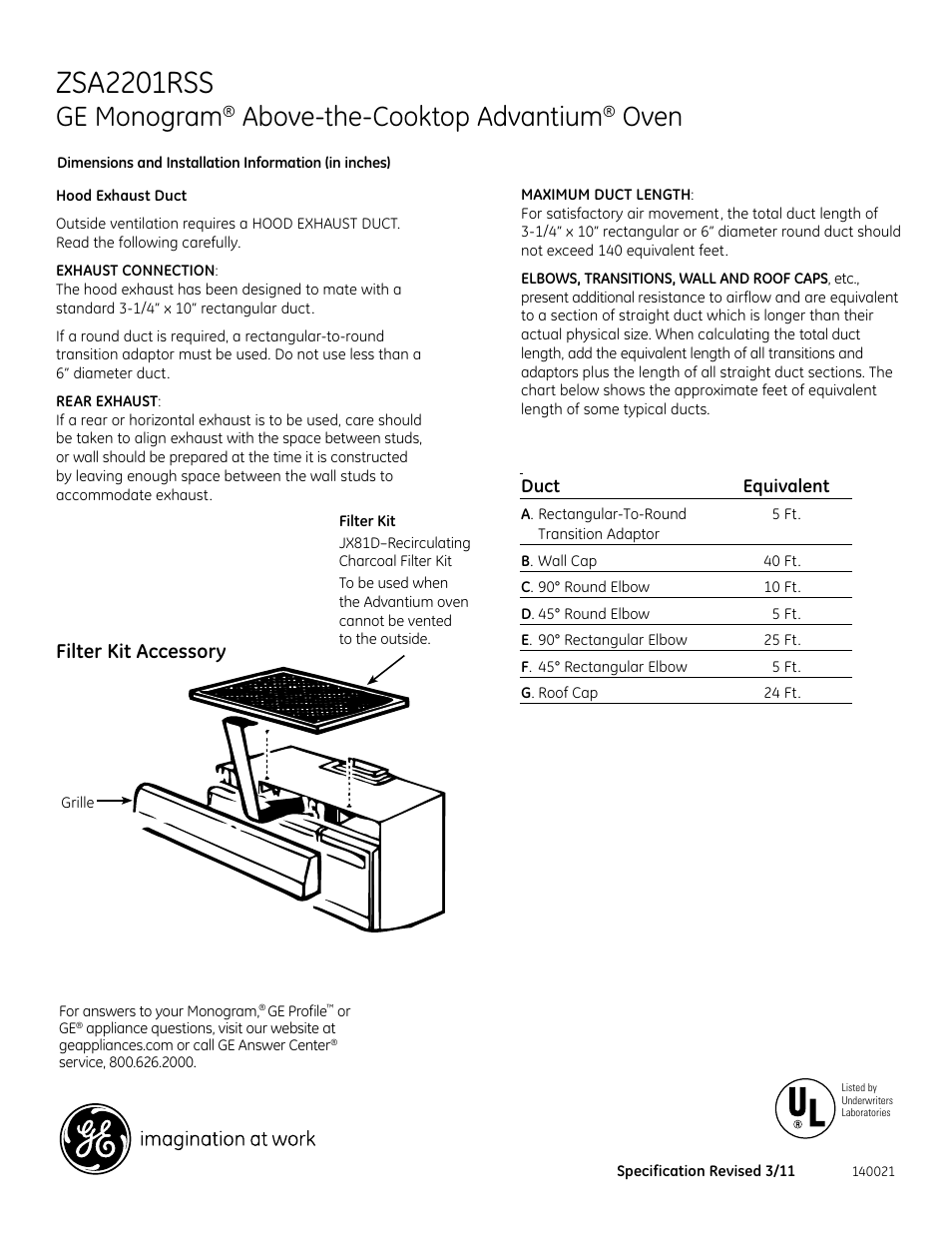 Zsa2201rss, Ge monogram, Above-the-cooktop advantium | Oven, Filter kit accessory | GE ZSA2201RSS User Manual | Page 2 / 3