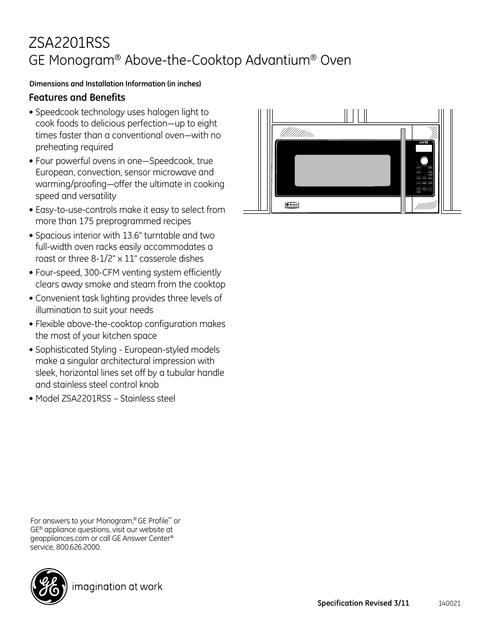 Zsa2201rss, Ge monogram, Above-the-cooktop advantium | Oven | GE ZSA2201RSS User Manual | Page 3 / 3