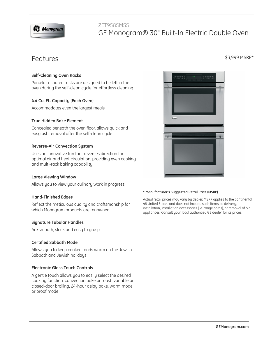 GE ZET958SMSS User Manual | 3 pages