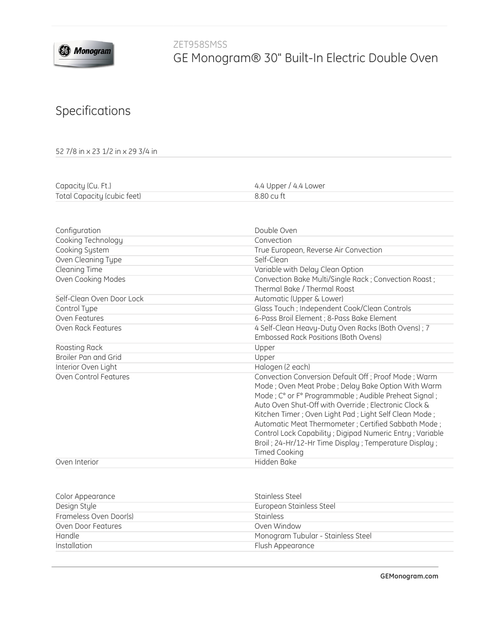 Ge monogram® 30" built-in electric double oven, Specifications, Zet958smss | GE ZET958SMSS User Manual | Page 2 / 3