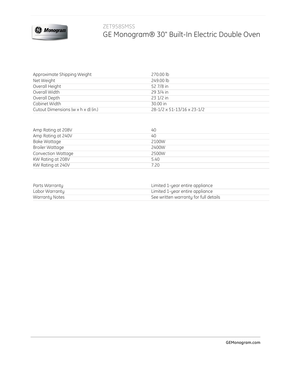 Ge monogram® 30" built-in electric double oven, Zet958smss | GE ZET958SMSS User Manual | Page 3 / 3