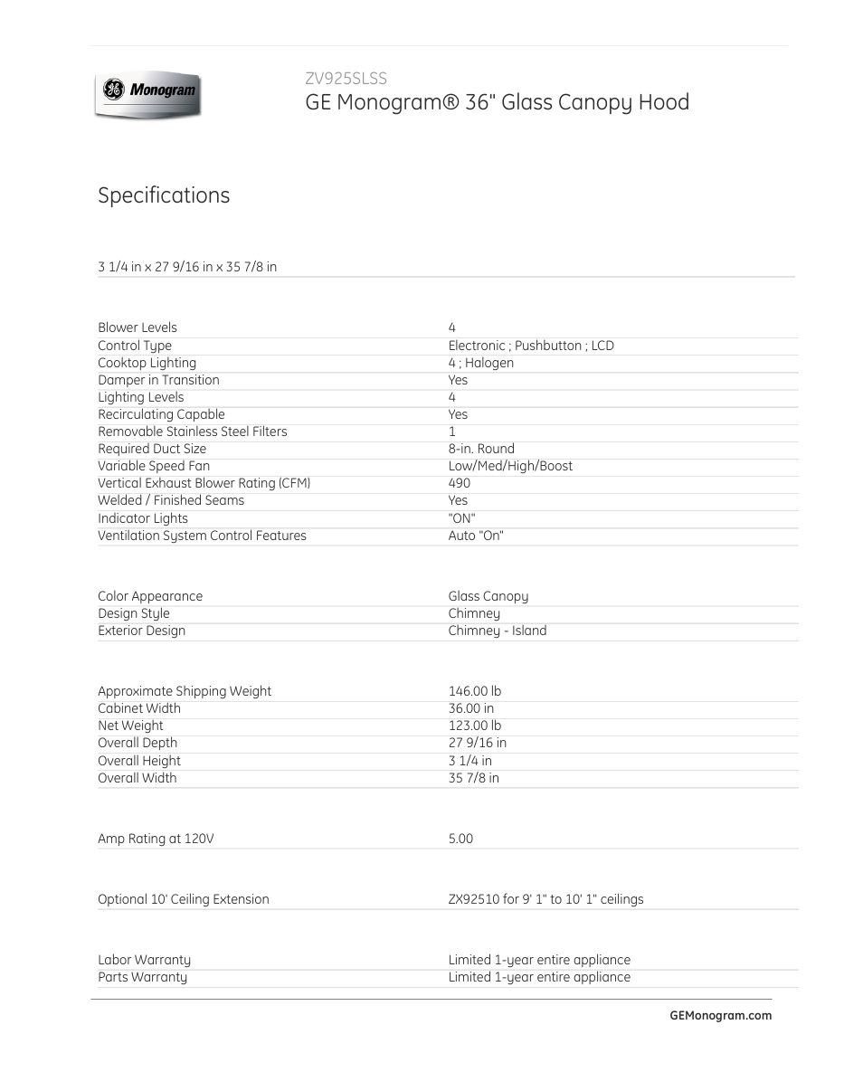 Ge monogram® 36" glass canopy hood, Specifications, Zv925slss | GE ZV925SLSS User Manual | Page 2 / 2