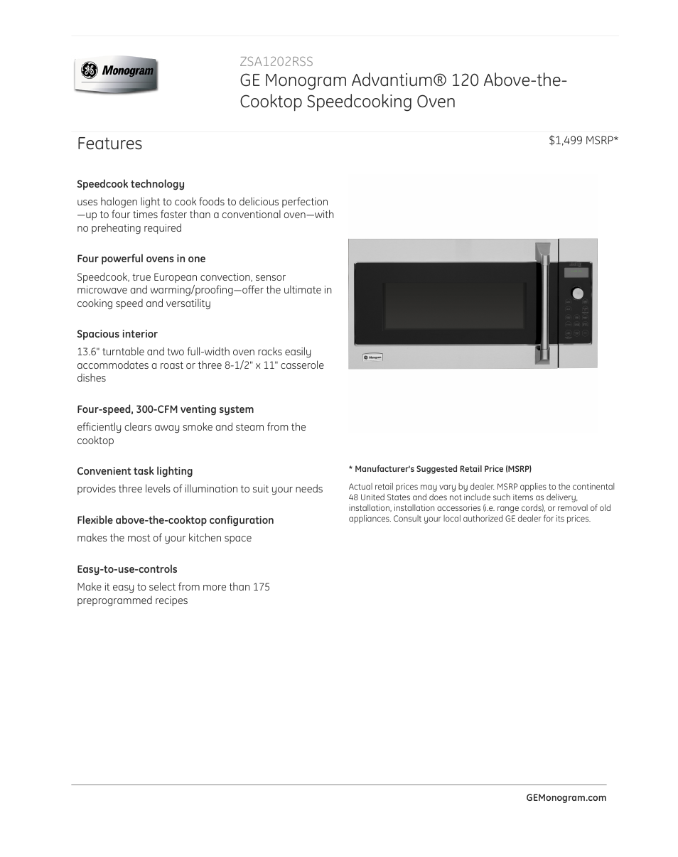 GE ZSA1202RSS User Manual | 3 pages