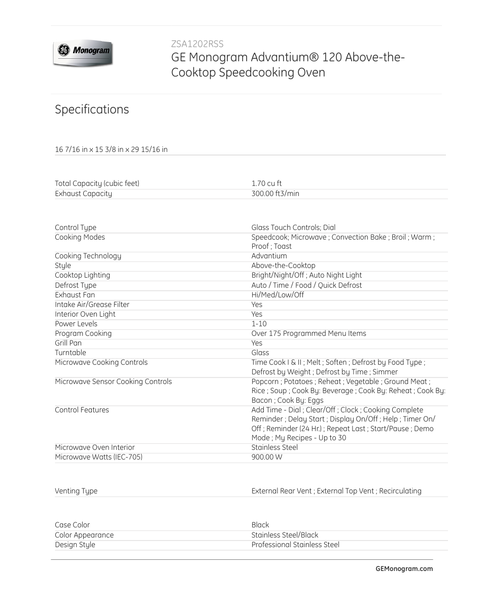 Specifications | GE ZSA1202RSS User Manual | Page 2 / 3