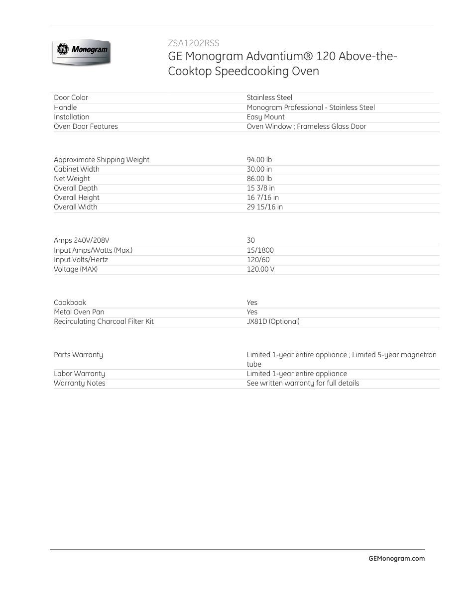 Zsa1202rss | GE ZSA1202RSS User Manual | Page 3 / 3