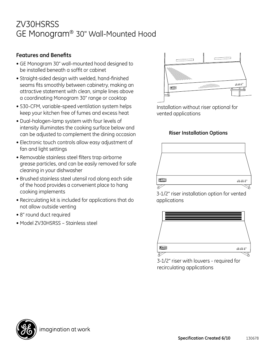 Zv30hsrss ge monogram, 30" wall-mounted hood, Features and benefits | GE ZV30HSRSS User Manual | Page 3 / 3