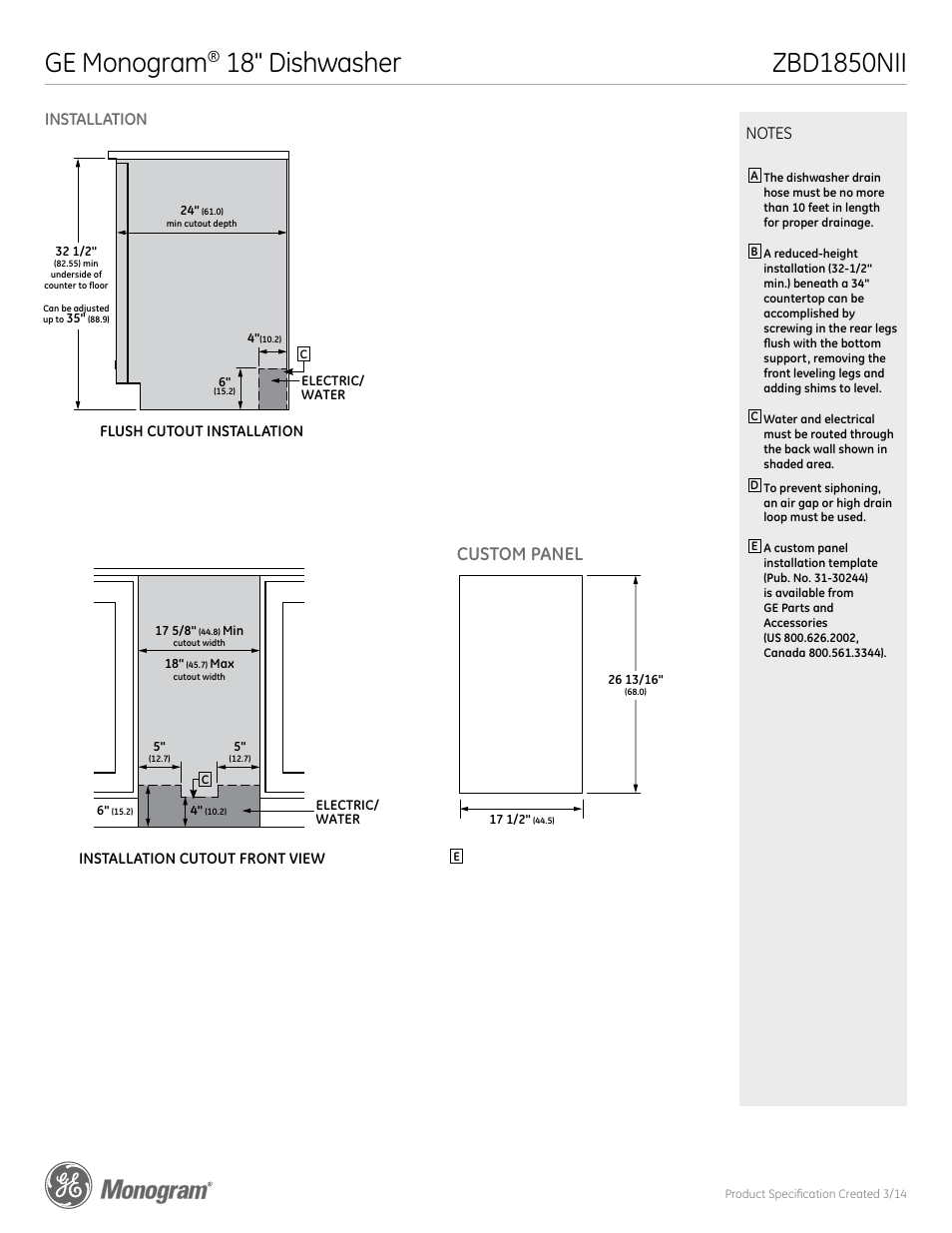 Ge monogram, Custom panel, Zbd1850nii | Installation | GE ZBD1850NII User Manual | Page 2 / 4