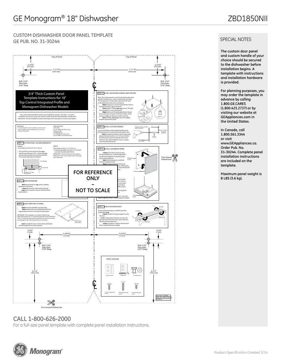 Zbd1850nii ge monogram, 18" dishwasher, For reference only – not to scale | Product specification created 3/14 | GE ZBD1850NII User Manual | Page 3 / 4