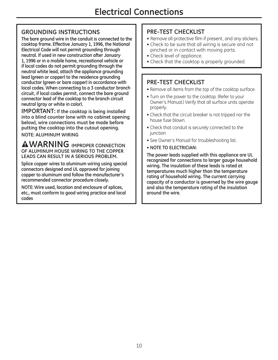 Electrical connections, Warning | GE ZEU36RSFSS User Manual | Page 10 / 24