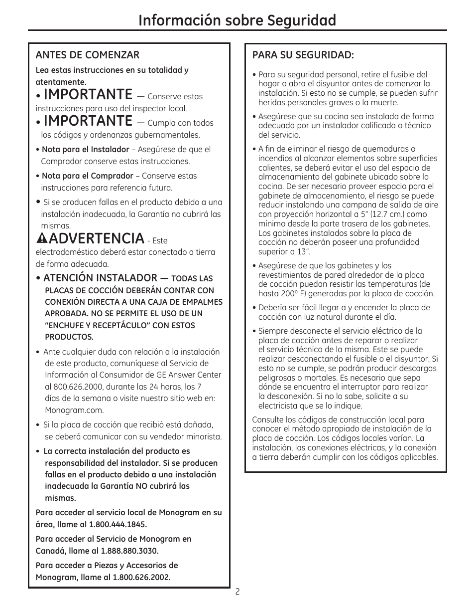 Importante, Advertencia, Información sobre seguridad | GE ZEU36RSFSS User Manual | Page 14 / 24