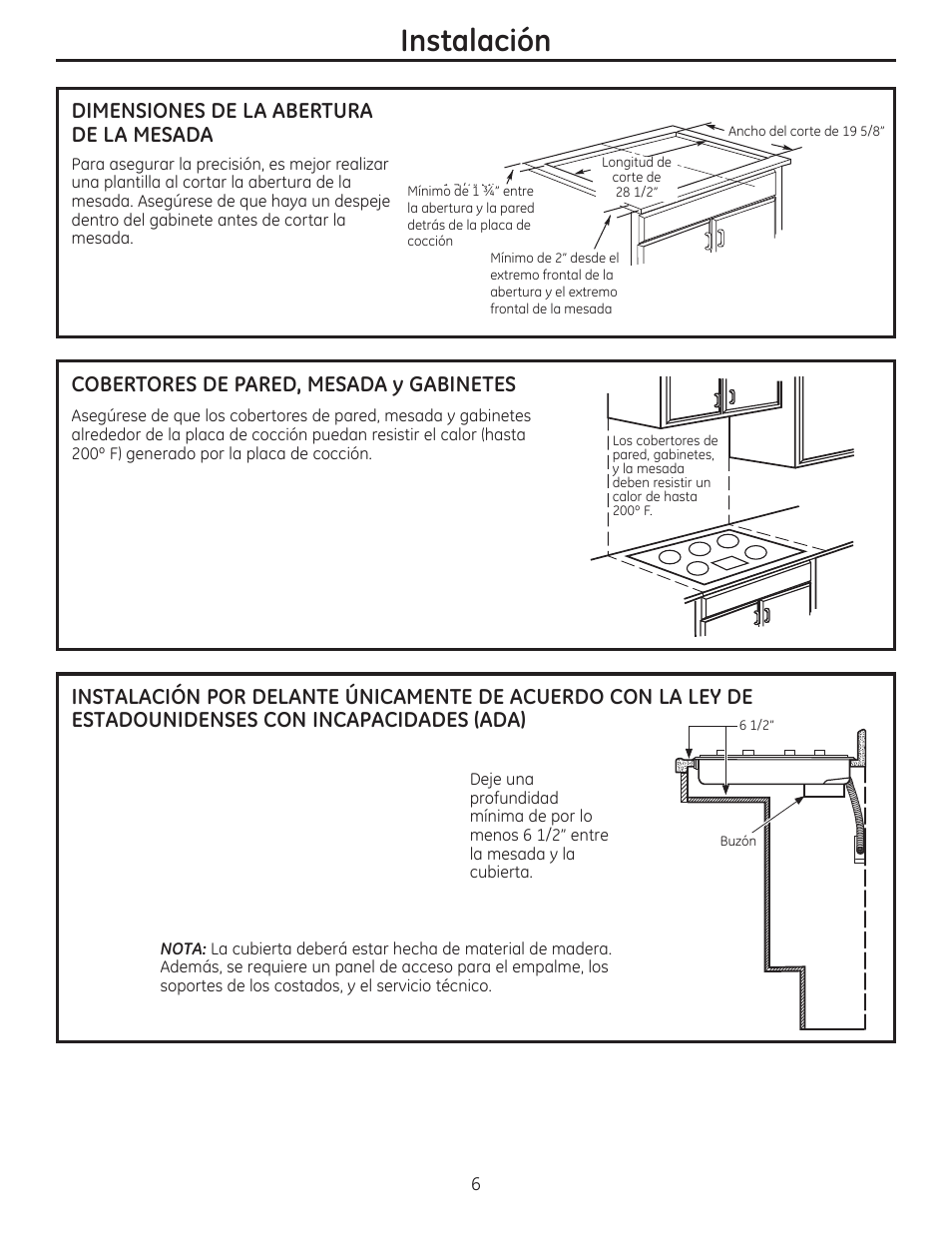 Instalación, Dimensiones de la abertura de la mesada | GE ZEU36RSFSS User Manual | Page 18 / 24
