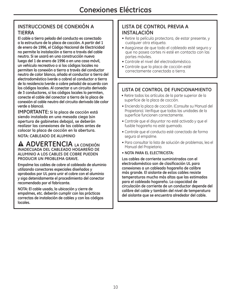 Conexiones eléctricas, Advertencia | GE ZEU36RSFSS User Manual | Page 22 / 24