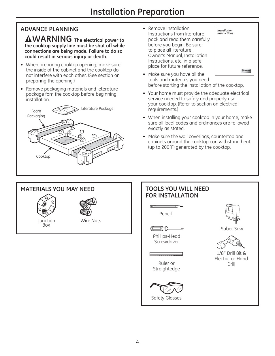 Warning, Installation preparation, Advance planning | Tools you will need for installation, Materials you may need | GE ZEU36RSFSS User Manual | Page 4 / 24