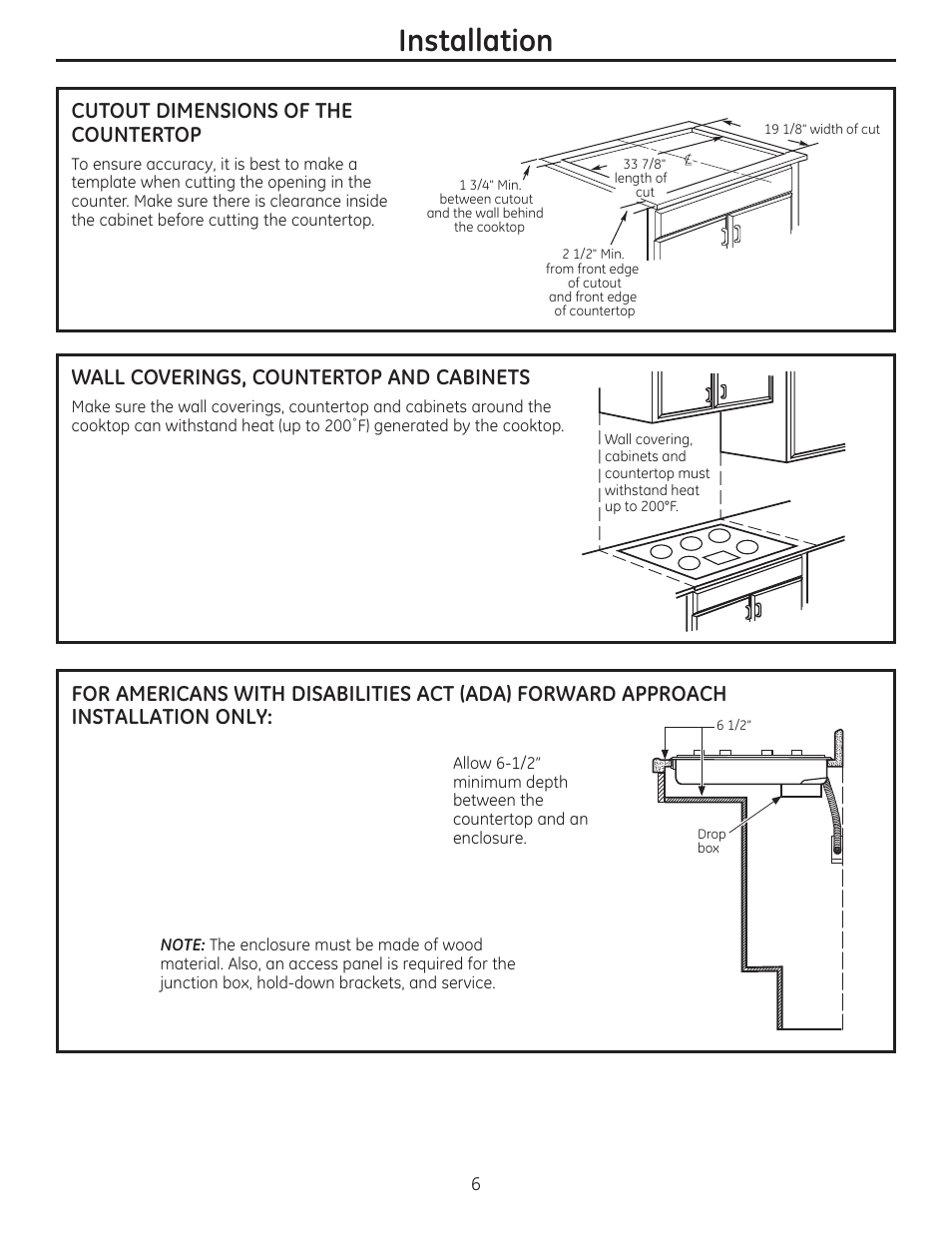 Installation, Cutout dimensions of the countertop, Wall coverings, countertop and cabinets | GE ZEU36RSFSS User Manual | Page 6 / 24