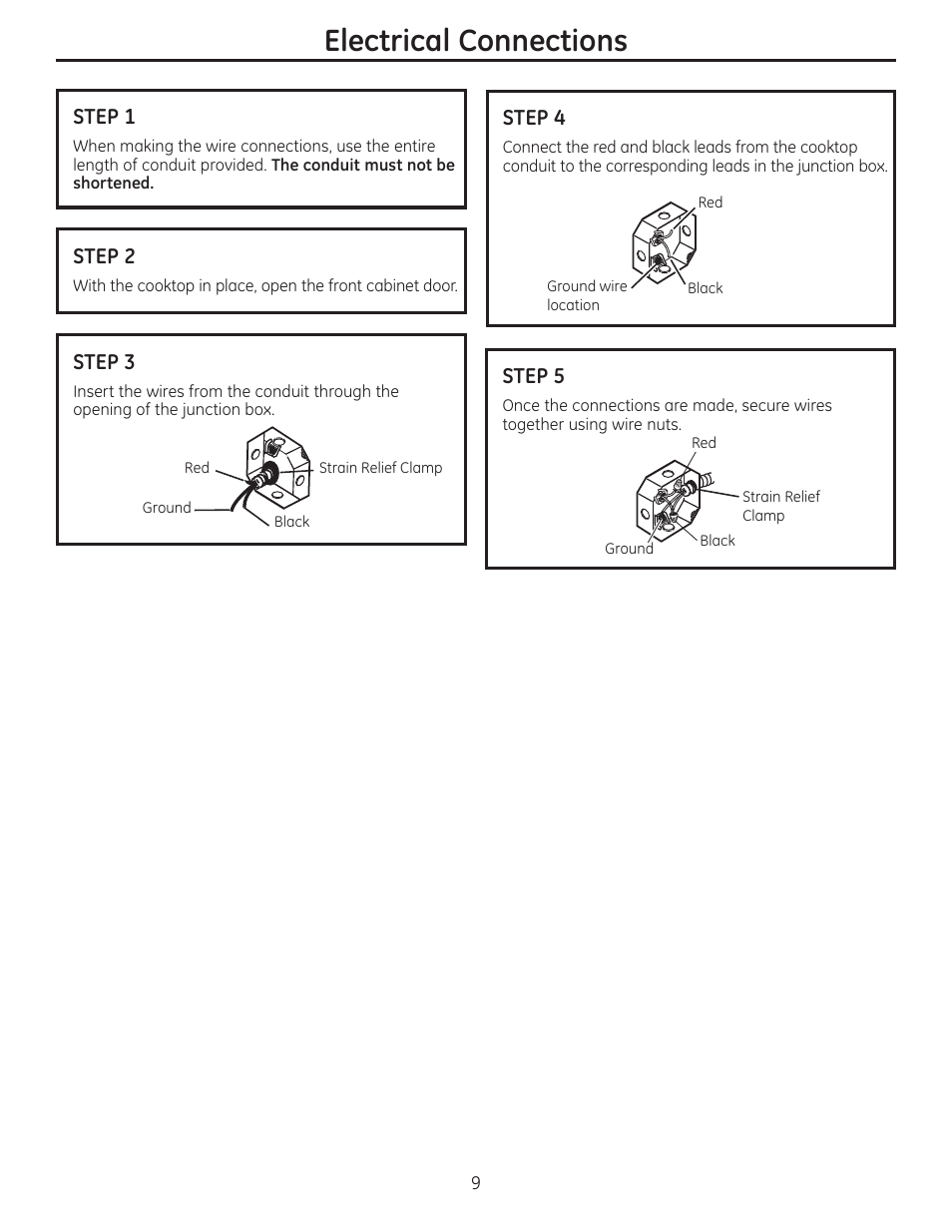 Electrical connections, Step 1, Step 2 | Step 3, Step 4, Step 5 | GE ZEU36RSFSS User Manual | Page 9 / 24