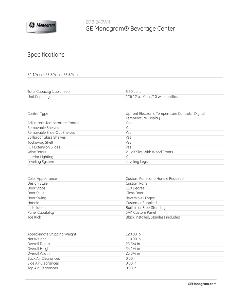 Ge monogram® beverage center, Specifications, Zdbi240wii | GE ZDBI240WII User Manual | Page 2 / 3